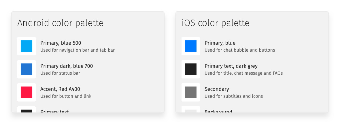 Color palette in Helpshift style guide