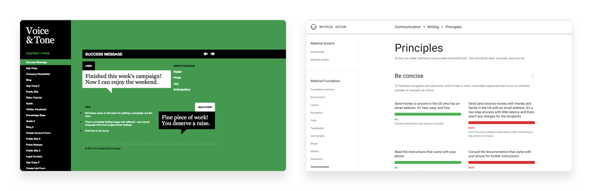 Screenshot of Google Material Guideline and MailChimp's Voice and Tone